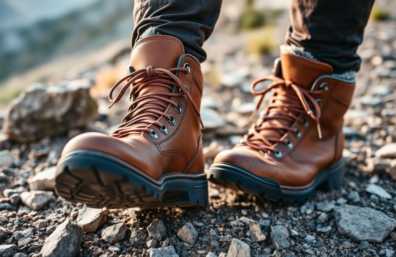 Hiking boots laced up on a rocky trail
